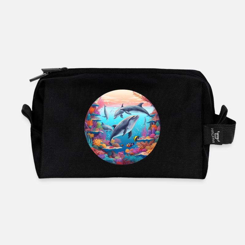 Underwater dolphin world in the reef - Recycled Toiletry Zip Bag - black