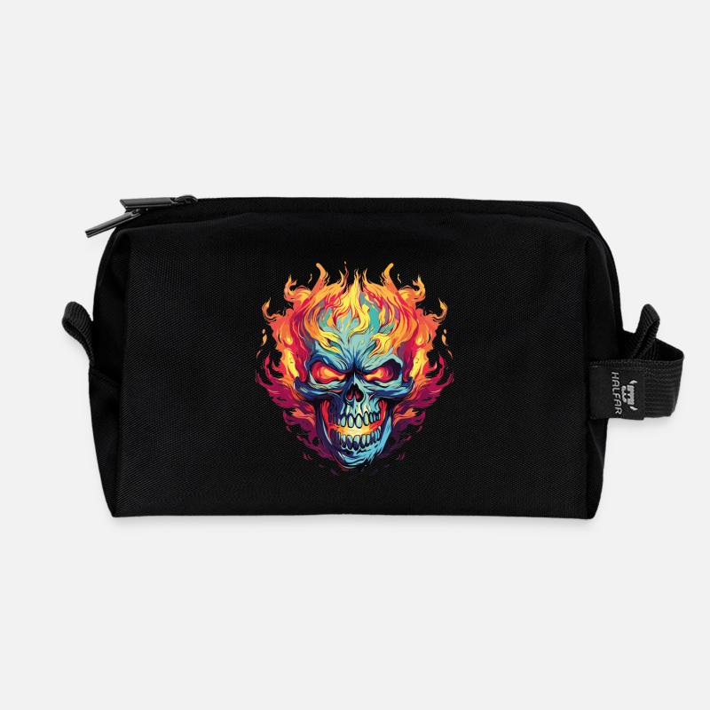 Neon Flames Skull Illustration - Recycled Toiletry Zip Bag - black
