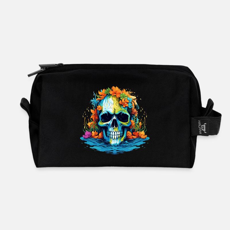 Tropischer Blüten-Totenkopf - Recycelte Kulturtasche - Schwarz