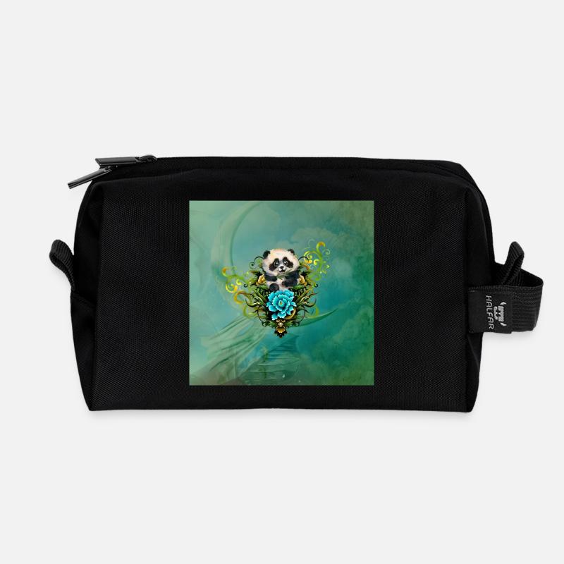 Niedlicher kleiner Panda mit Blumen - Recycelte Kulturtasche - Schwarz