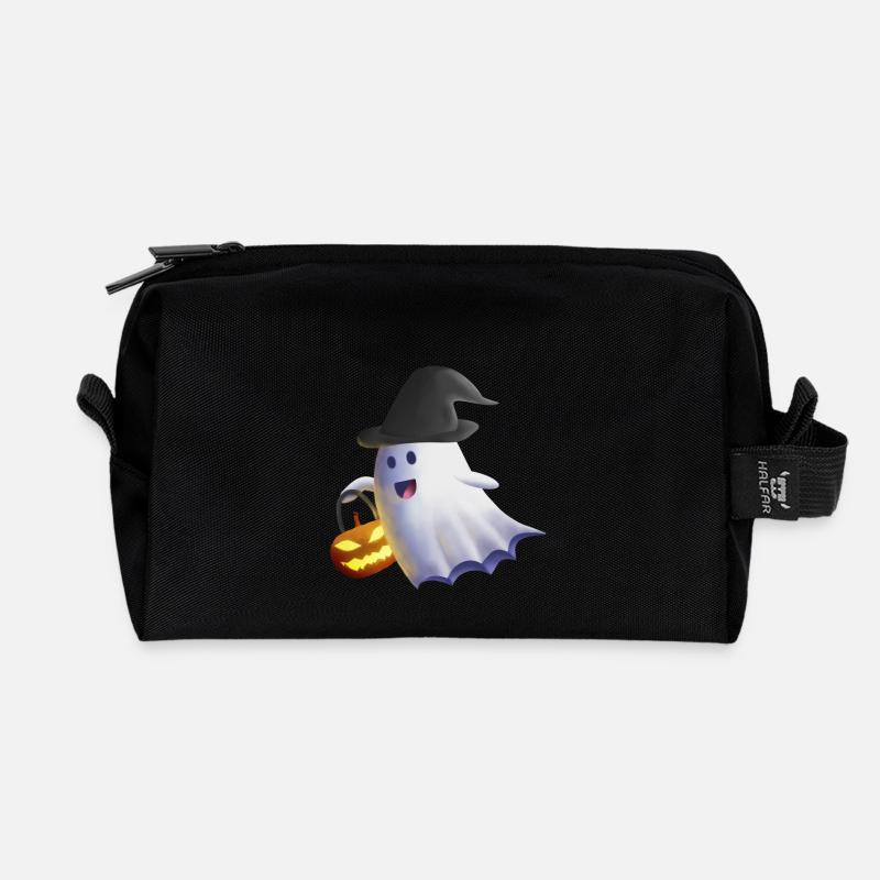 Ghost with Witch Hat and Jack-o'-Lantern - Recycled Toiletry Zip Bag - black