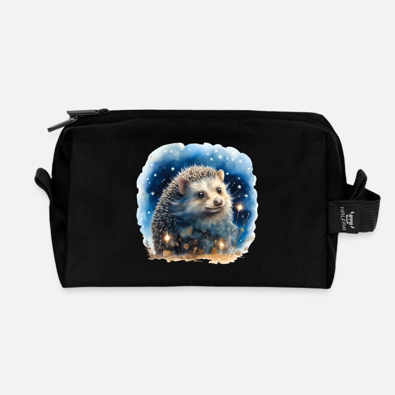 Watercolor hedgehog with starry sky - Recycled Toiletry Zip Bag - black