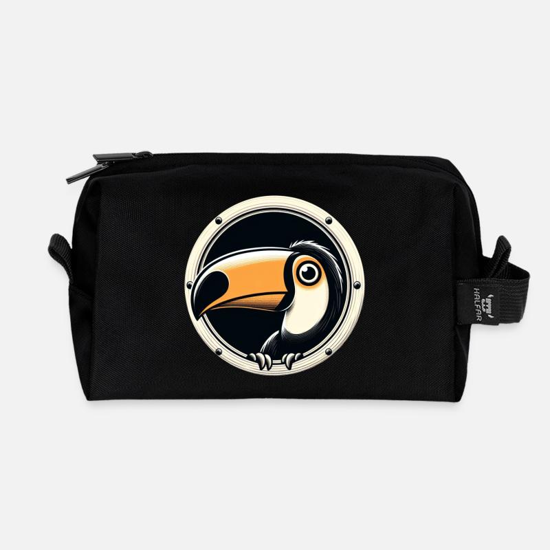 Tukan schaut durch rundes Bullauge - Recycelte Kulturtasche - Schwarz