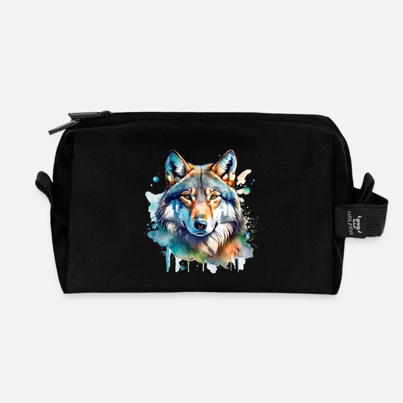 Aquarell Wolf Portrait - Recycelte Kulturtasche - Schwarz