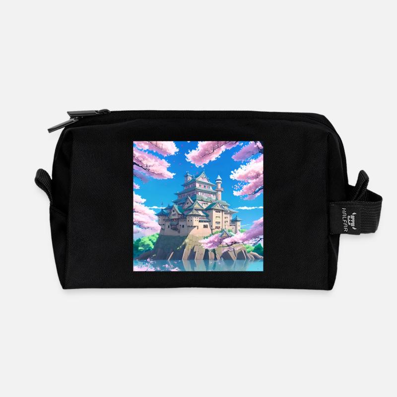 Japanese Castle surrounded by Cherry Blossom Trees - Recycled Toiletry Zip Bag - black