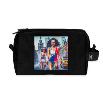 Zwei Mädchen, die im Retro-Warschau-Stil radeln - 80er-Jahre-Stil - Recycelte Kulturtasche - Schwarz - Vorne