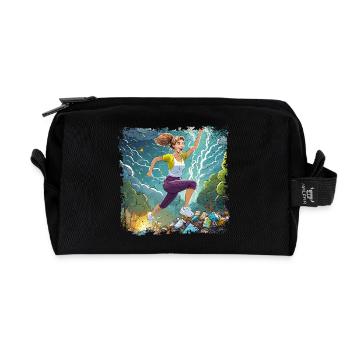 Woman jumping over a lot of garbage - Recycled Toiletry Zip Bag - black - Front