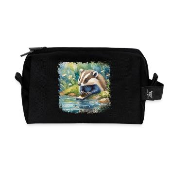 Mignon jeune blaireau avec téléphone portable, style de livre pour enfants - Trousse de toilette en tissu recyclé - noir - Devant