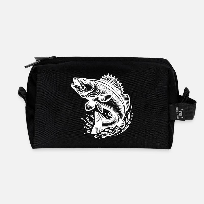 Großer springender Zander Fisch - Recycelte Kulturtasche - Schwarz