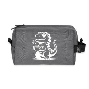 Drôle avec des dinosaures, bébé dino avec une tasse à café - Trousse de toilette en tissu recyclé - anthracite - Devant