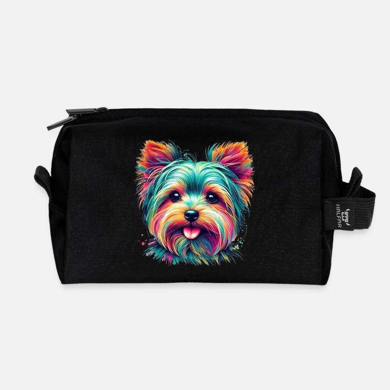 Buntes Yorkshire Terrier Porträt - Recycelte Kulturtasche - Schwarz