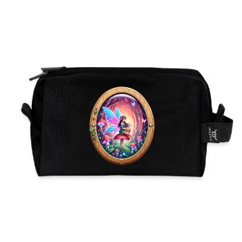 Fairy on a Rainbow Mushroom Design - Recycled Toiletry Zip Bag - black - Front