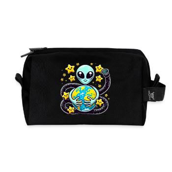 Funny Alien Holding Earth Design - Recycled Toiletry Zip Bag - black - Front