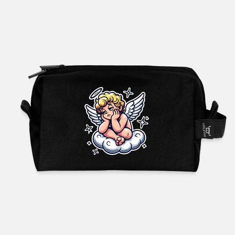 Funny Cherub on Cloud Pop Art Design - Recycled Toiletry Zip Bag - black