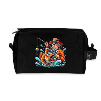 Funny Fisherman and Angry Fish Cartoon - Recycled Toiletry Zip Bag - black - Front