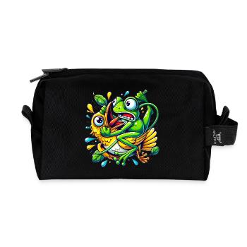 Funny Frog Clinging to Bird Cartoon - Recycled Toiletry Zip Bag - black - Front