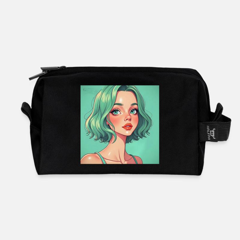 Mintgruen Pop-Art Portrait Dame - Recycelte Kulturtasche - Schwarz