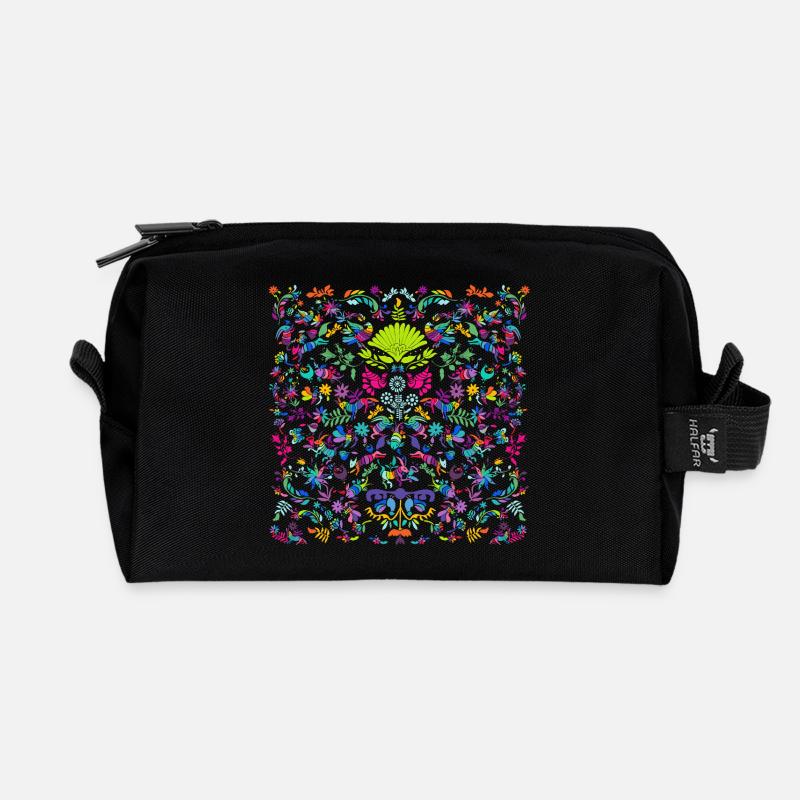Bunte Tier- und Pflanzen Otomi Ornament - Recycelte Kulturtasche - Schwarz