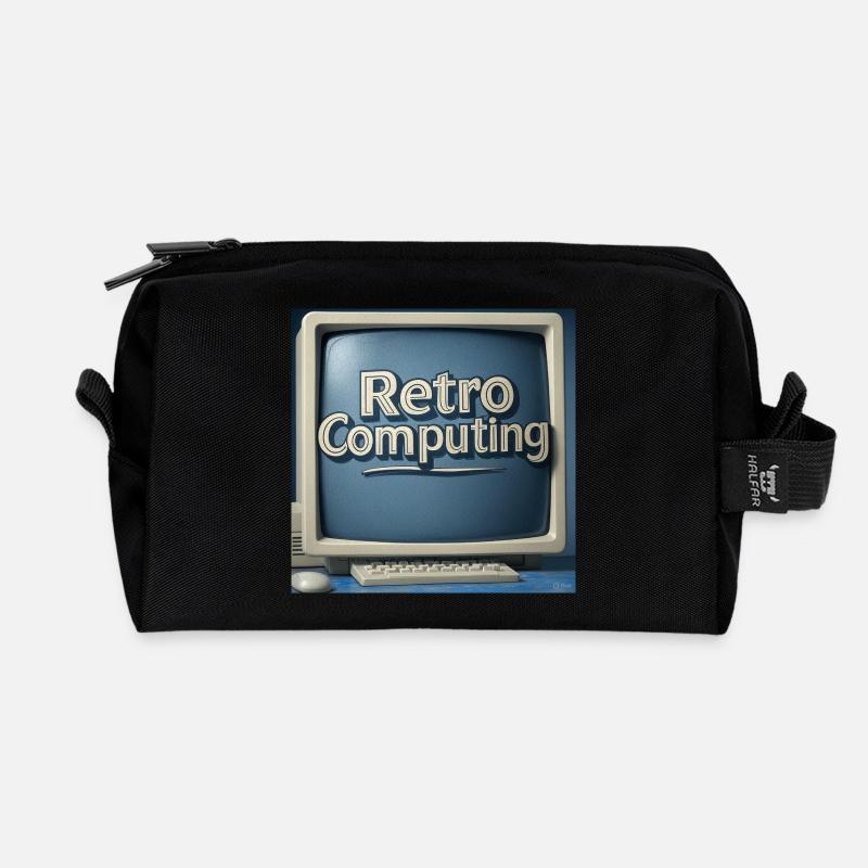 Retro Computer Graphics on Blue Background - Recycled Toiletry Zip Bag - black