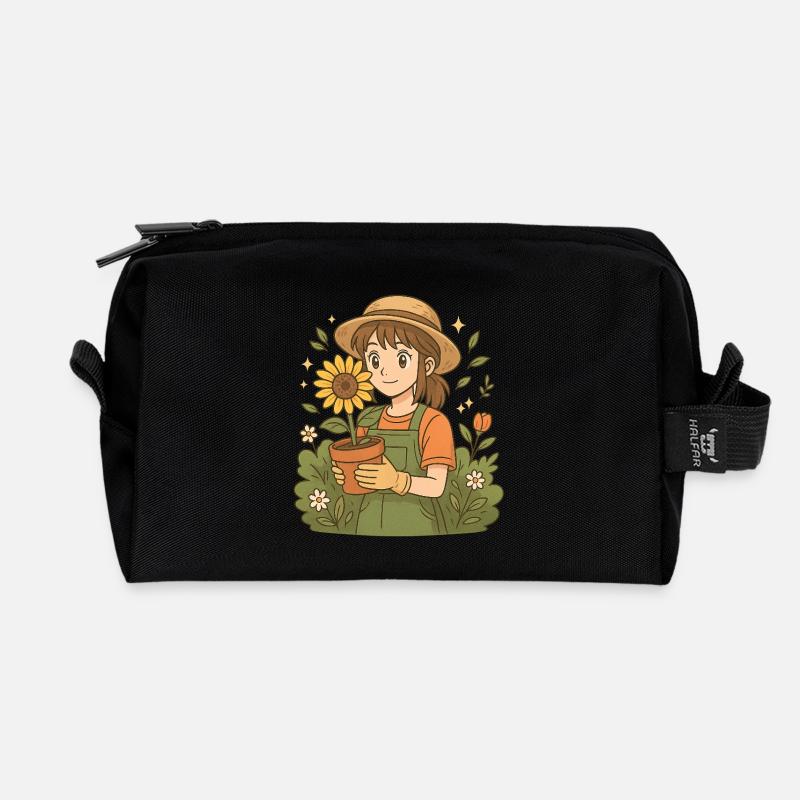 Sonnenblumen Gartenmädchen – Süße Anime Gärtnerin - Recycelte Kulturtasche - Schwarz