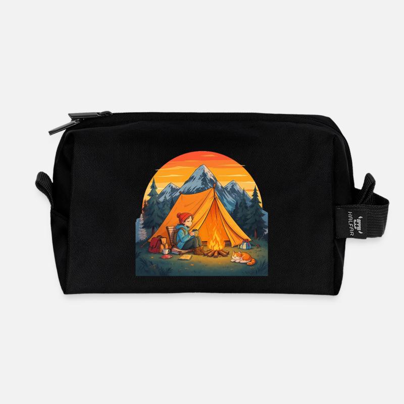 Camping with Cat - Recycled Toiletry Zip Bag - black