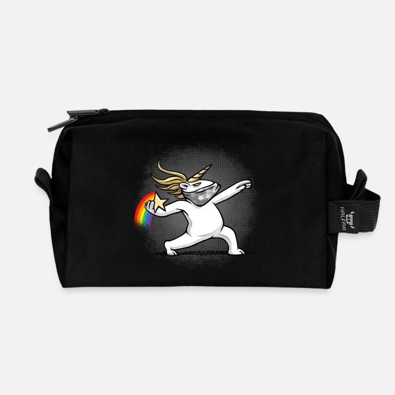 Einhorn wirft einen Regenbogen - Recycelte Kulturtasche - Schwarz