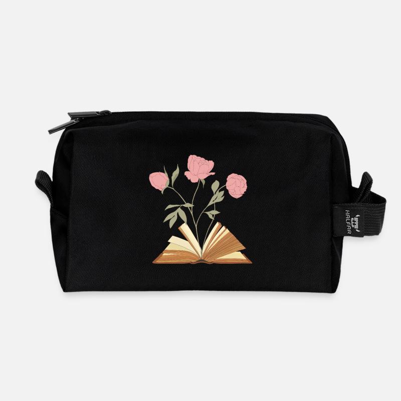 Floral Book Illustration Design - Recycled Toiletry Zip Bag - black