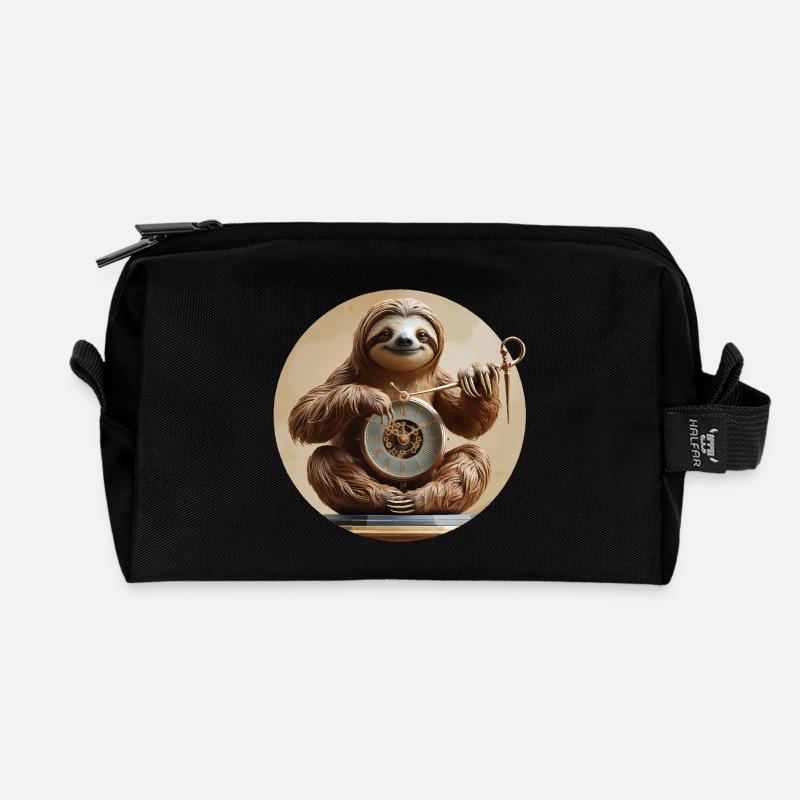 Charming sloth with clock motif - Recycled Toiletry Zip Bag - black