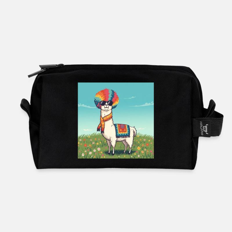 Funky Rainbow Llama - Recycled Toiletry Zip Bag - black