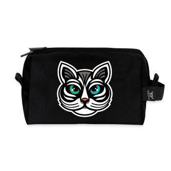 Whimsical Odd-Eyed Cat Cartoon Design - Recycled Toiletry Zip Bag - black - Front