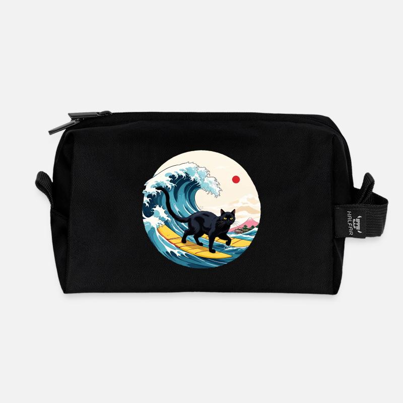 Black Cat Surfing Welle - Recycelte Kulturtasche - Schwarz