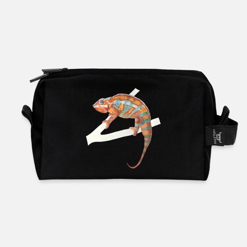orange turquoise chameleon Chamaeleon zeylandicus - Recycled Toiletry Zip Bag - black