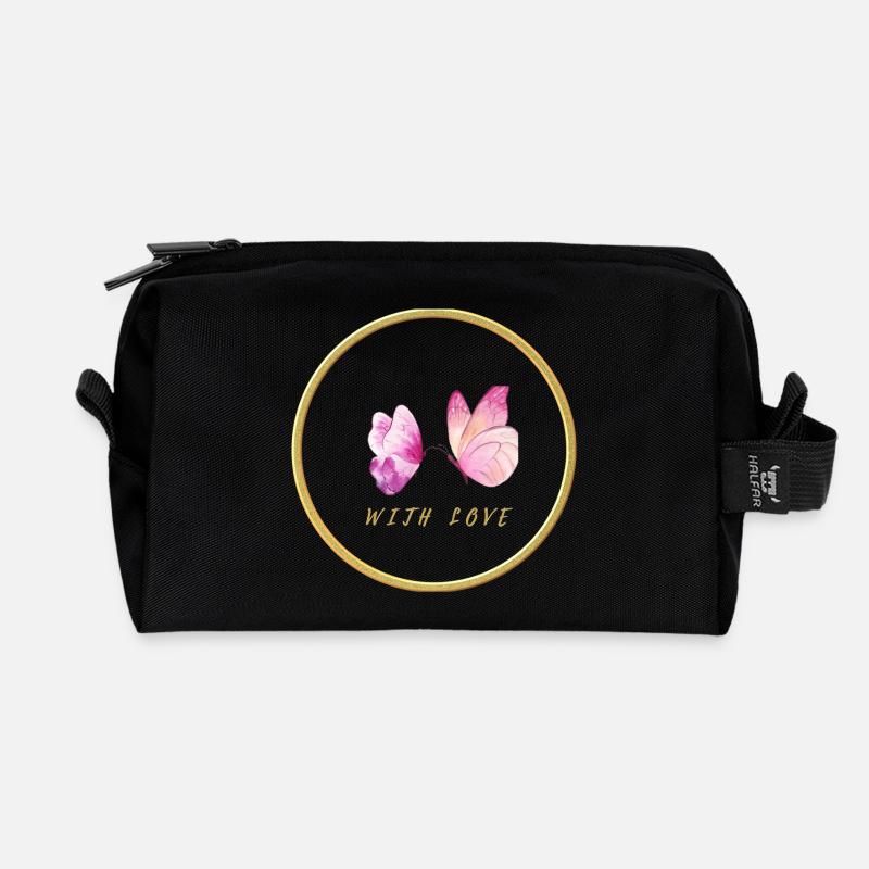 Rosa Schmetterlinge mit Liebe - with love - Recycelte Kulturtasche - Schwarz