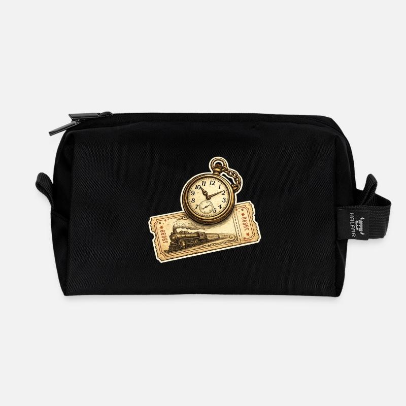 Historical Clock Locomotive - Recycled Toiletry Zip Bag - black