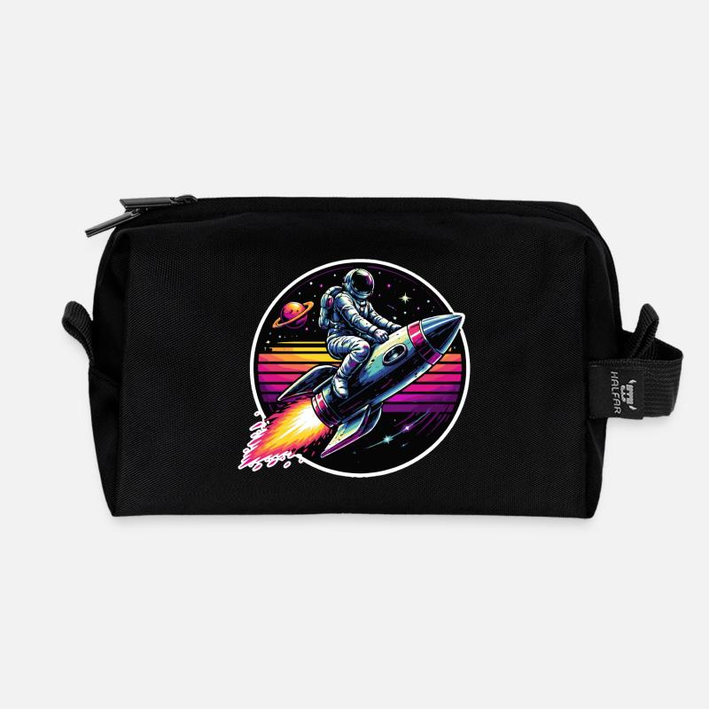 Astronaut on rocket in retro sunset - Recycled Toiletry Zip Bag - black