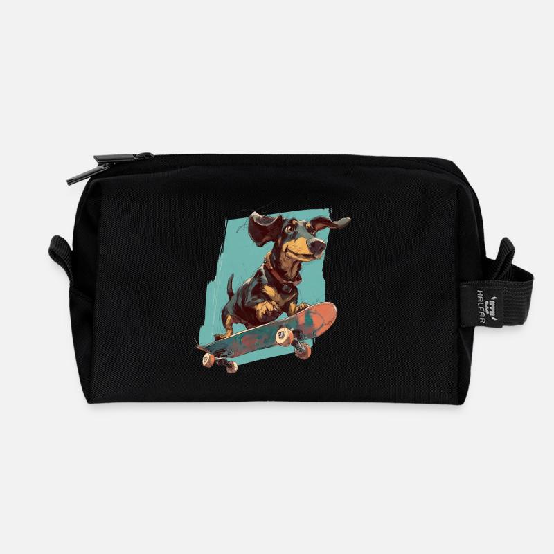 Skateboard-Dackel - Recycelte Kulturtasche - Schwarz