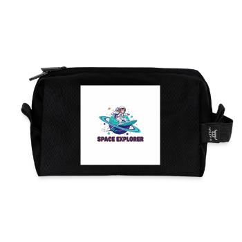 Space Explorer – Astronaut cat surfs on Satur - Recycled Toiletry Zip Bag - black - Front