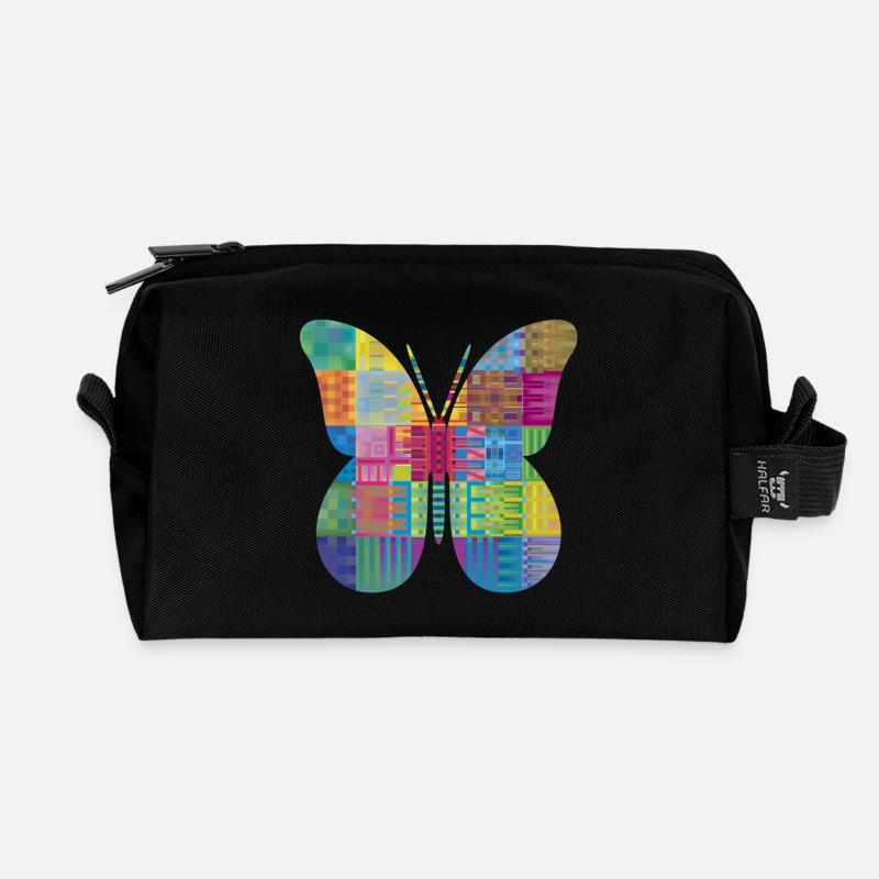 Colorful Patchwork Butterfly - Recycled Toiletry Zip Bag - black