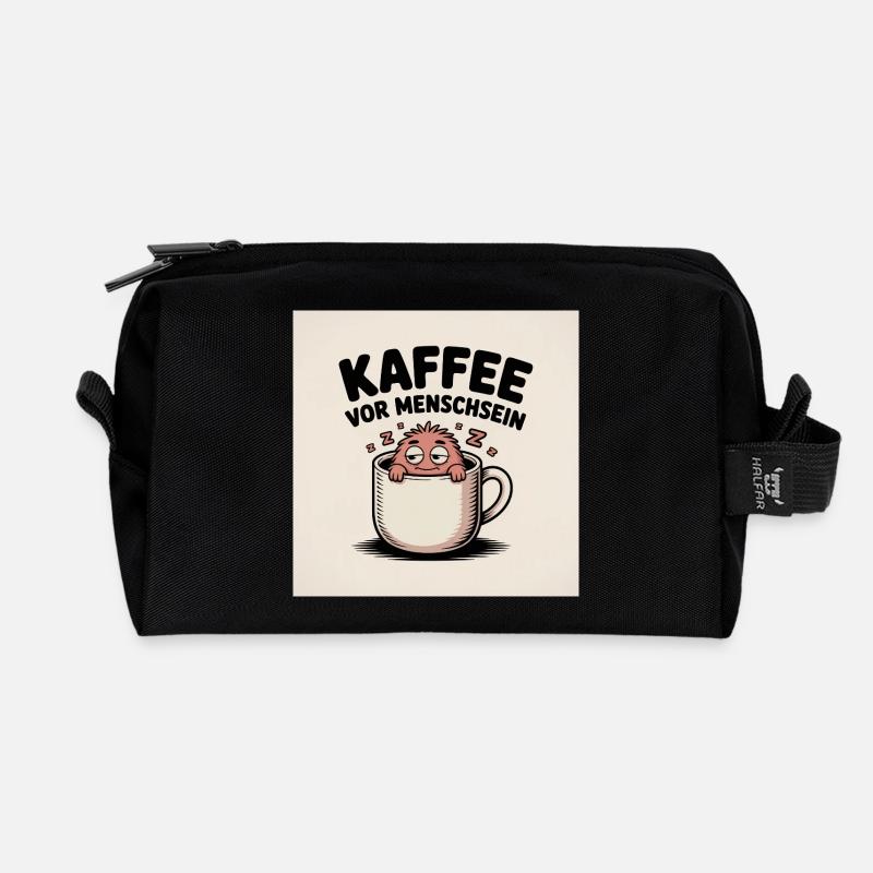 Kaffee vor Menschsein Cartoon - Recycelte Kulturtasche - Schwarz