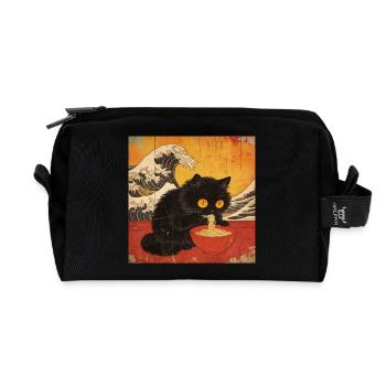 Japan Cat Ramen Noodles Retro Wave Pattern - Recycled Toiletry Zip Bag - black - Front