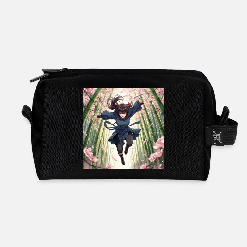 Bamboo heroine in the cherry blossom path - Recycled Toiletry Zip Bag - black