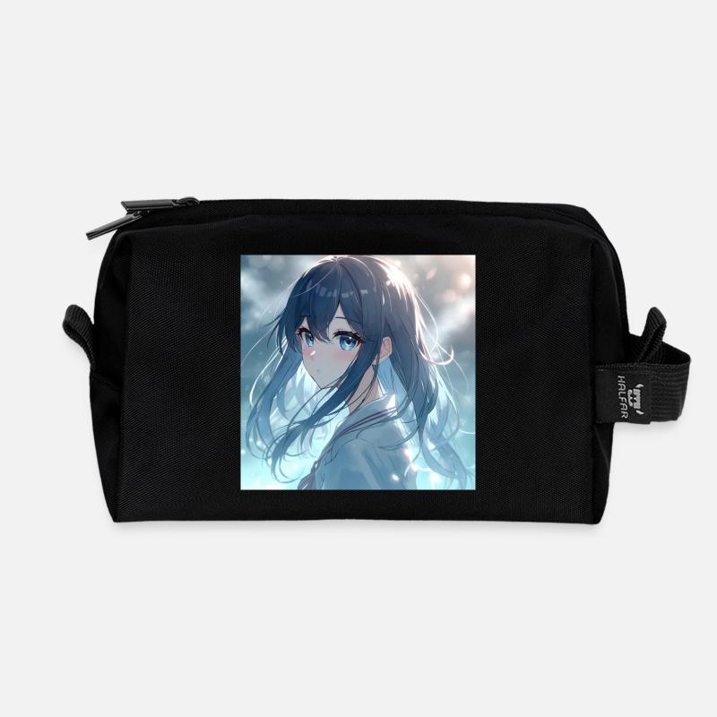 Blue Night Light Anime Portrait - Recycled Toiletry Zip Bag - black
