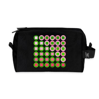 Pink and Green Circles and Squares in Op Art Style - Recycled Toiletry Zip Bag - black - Front