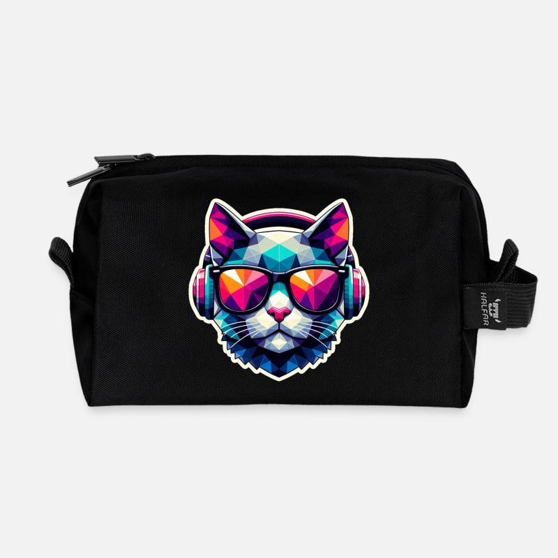Katze Brille Kopfhörer bunt polygon - Recycelte Kulturtasche - Schwarz