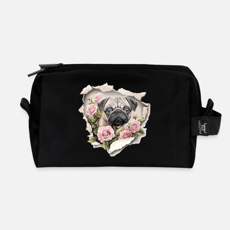 Mops Blumen Vintage - Recycelte Kulturtasche - Schwarz