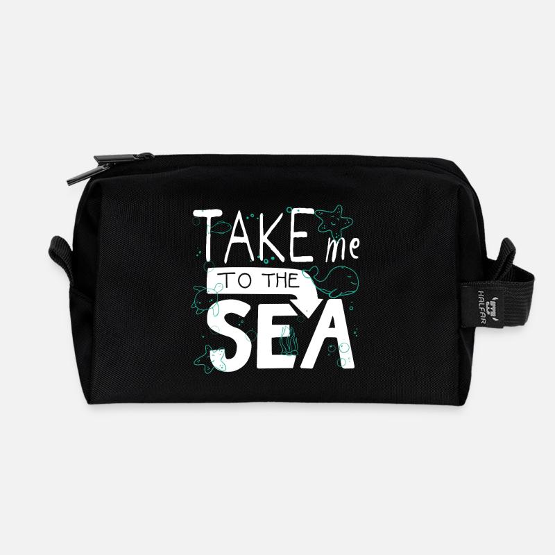 Take Me to the Sea – Doodle Meer Spruch - Recycelte Kulturtasche - Schwarz