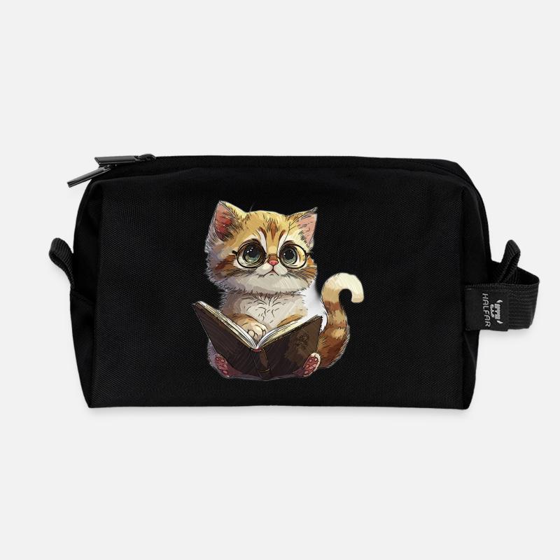 Reading Kitten with Glasses Cat Reading Cat - Recycled Toiletry Zip Bag - black