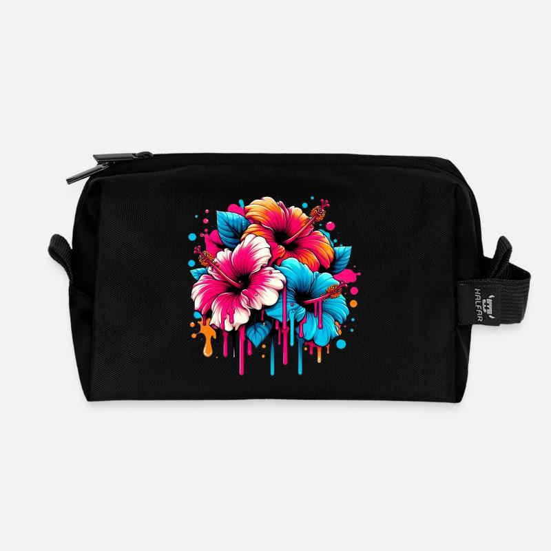 Hibiskusblüten - Recycelte Kulturtasche - Schwarz