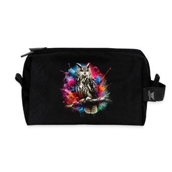 Colorful owl with cool color splashes - Recycled Toiletry Zip Bag - black - Front
