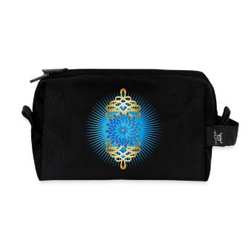Goldbroschen Motiv mit strahlend blauer Kornblume - Recycelte Kulturtasche - Schwarz - Vorne